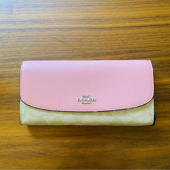 Coach Leather/Canvas Long Wallet With Signature Logo Pink/Tan - Picture 1 of 5